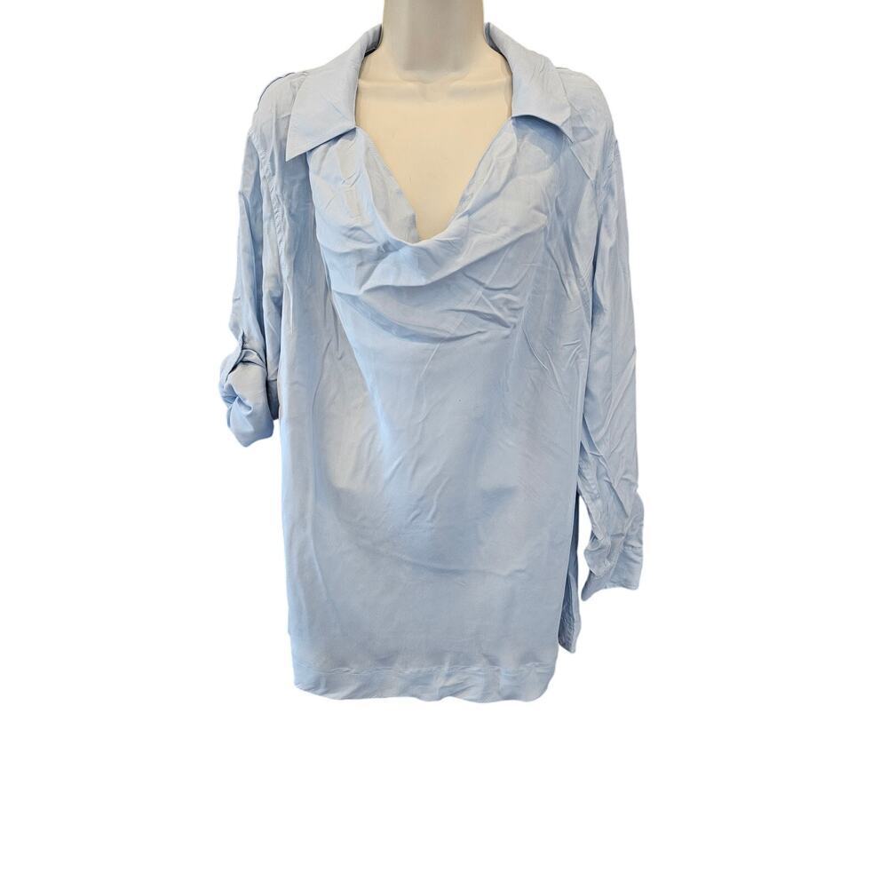 Sundance Catalog Blue Drape Front 100% Silk Blouse L roll tab sleeve *FLAW*